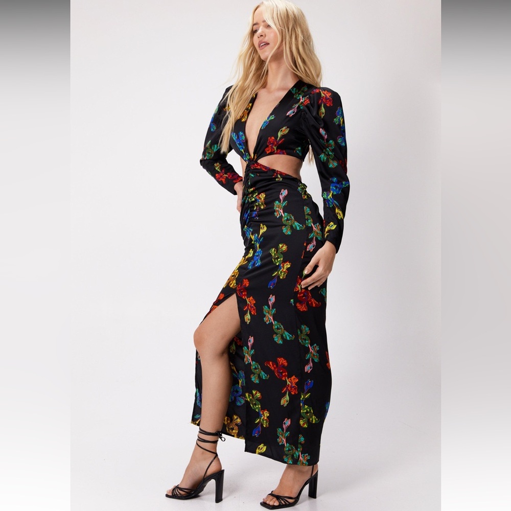 Nasty Gal Floral Print Satin Cut-Out Maxi Dress size US 6